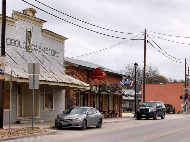 Historic Cibolo Cash Store and Main Street storefronts in downtown Cibolo, Texas